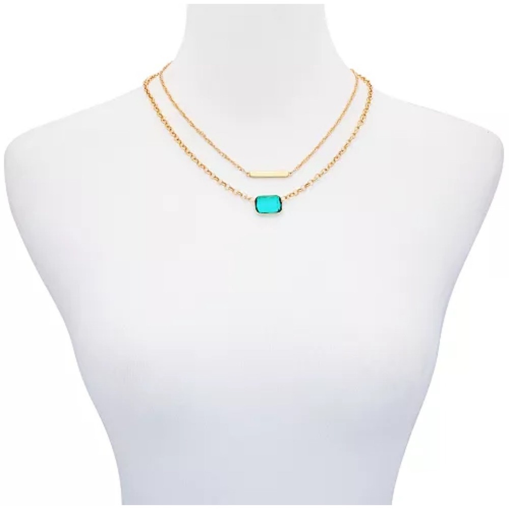 Guess Gold-Tone Bar & Green Stone Layered Necklace, 18" + 2" extender